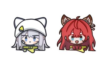 Rule 34 | 2girls, :d, ahoge, akekuri (arknights), animal ear fluff, animal ears, animal hat, arknights, arknights: endfield, banbon, beanie, blue eyes, blush stickers, chibi, closed mouth, cropped shoulders, dog ears, estella (arknights), fake animal ears, grey hair, hat, long hair, multiple girls, open mouth, red hair, short eyebrows, simple background, smile, thick eyebrows, white background, white hat