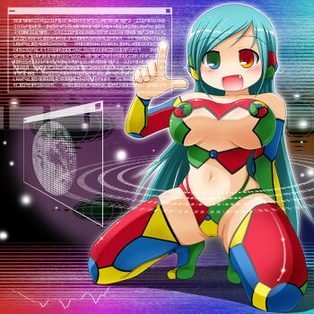 1girl breasts cameltoe chrome-tan detached_sleeves earth_ekami fang female_focus google google-tan google_chrome green_hair heterochromia large_breasts long_hair multicolored_legwear no_nose product_girl solo thighhighs