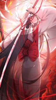 1girl arm_up black_hair blood blood_on_clothes bloody_weapon blurry blurry_foreground bridal_veil commentary from_behind heiya_desu highres holding holding_sword holding_weapon hood japanese_clothes katana kimono limbus_company long_hair long_sleeves looking_at_viewer looking_back obi parted_lips project_moon red_eyes red_rope red_sash rope ryoshu_(project_moon) sash see-through_clothes shiromuku smile solo string sword symbol-only_commentary uchikake veil wataboushi weapon white_kimono wide_sleeves