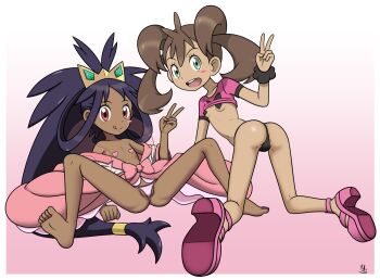 2girls all_fours arm_support ass bare_shoulders barefoot black_panties breasts closed_mouth clothes_lift clothes_pull collarbone crown dark-skinned_female dark_skin dress dress_lift dress_pull eyelashes female_focus flat_ass flat_chest from_behind full_body gradient_background green_eyes grey_background high_heels in-franchise_crossover iris_(pokemon) knees_up leaning_back loli long_hair looking_at_viewer looking_back low-tied_long_hair medium_hair monosex multiple_girls nintendo open_mouth panties pasties pink_background pink_panties pink_shoes pokemon pokemon_black_2_and_white_2 pokemon_x_and_y purple_hair purple_shirt red_eyes shauna_(pokemon) shirt shirt_lift shoes short_sleeves simple_background sitting small_breasts smile spread_legs teeth toes tongue tongue_out twintails two-tone_background underwear upper_teeth_only v