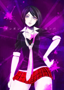 1girl alternate_costume black_hair black_shirt blood blood_on_arm blood_on_breasts blood_on_chest blood_on_clothes blood_on_hands blood_on_leg blood_on_thighs blood_on_wall bra breasts button cleavage collarbone collared_shirt cosplay cowboy_shot danganronpa:_trigger_happy_havoc danganronpa_(series) enoshima_junko enoshima_junko_(cosplay) eyebrows_hidden_by_hair eyeshadow freckles grey_eyes hand_on_own_hip hand_tattoo ikusaba_mukuro impersonation japanese_text looking_at_viewer makeup medium_breasts miniskirt necktie neckwear_request open_mouth pale_skin parted_lips pink_blood pink_eyeshadow pink_lips plaid_clothes plaid_necktie plaid_skirt pleated_skirt pursed_lips red_button red_skirt shirt short_hair skirt solo somei_(somei_446) tattoo teeth translation_request underwear upper_body upper_teeth_only white_necktie