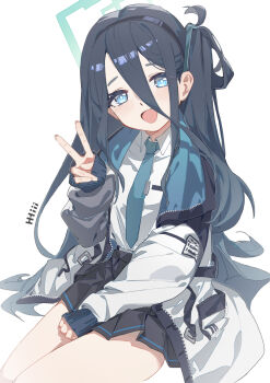 1girl :d absurdres aqua_eyes aqua_halo aris_(blue_archive) artist_name black_hair black_hairband black_jacket black_skirt blue_archive blue_jacket blue_necktie bright_pupils chinese_commentary collared_shirt commentary_request cowboy_shot double-parted_bangs eyes_visible_through_hair grey_jacket hair_between_eyes hairband halo hand_on_own_thigh hand_up head_tilt highres hyiii jacket long_bangs long_hair long_hair_between_eyes long_sleeves looking_at_viewer miniskirt multicolored_jacket necktie one_side_up open_clothes open_jacket open_mouth partial_commentary pinching_sleeves pleated_skirt puffy_long_sleeves puffy_sleeves rectangular_halo ringed_eyes school_uniform shirt shirt_tucked_in sidelocks simple_background sitting skirt sleeves_past_wrists smile solo tie_clip two-sided_fabric two-sided_jacket unzipped v very_long_hair white_background white_jacket white_pupils white_shirt