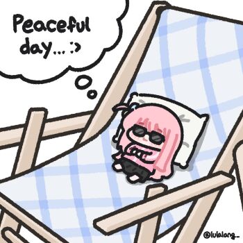 Rule 34 | 1girl, :3, beach chair, black skirt, bocchi the rock!, chibi, chibi only, closed mouth, commentary, english text, gotoh hitori, highres, jacket, long hair, lulalang, one side up, own hands together, pink hair, pink jacket, relaxing, skirt, smile, solo, speech bubble, sunglasses, symbol-only commentary, thought bubble, white background