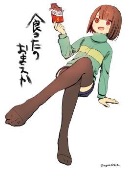 1other blush brown_hair chara_(undertale) chocolate commentary_request crossed_legs feet food green_sweater holding holding_chocolate holding_food noah_(tettsui-sole) red_eyes smile sweater thighhighs undertale utdr_(toby_fox) white_background