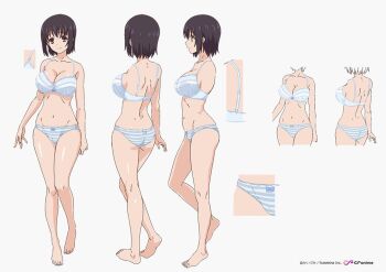 1girl anime_coloring barefoot black_hair blue_bra blue_panties bra breasts brown_eyes cleavage closed_mouth collarbone commentary_request copyright_notice full_body large_breasts looking_at_viewer multiple_views navel official_art overflow_(hentai) panties reference_sheet shirakawa_kotone short_hair simple_background smile underwear underwear_only white_background