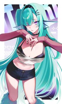 1girl absurdres aqua_hair black_hairband black_nails border breasts cleavage commentary denim denim_skirt finana_ryugu fins fur_leg_warmers hair_over_one_eye hairband head_fins highres large_breasts leg_warmers long_hair looking_at_viewer midriff miniskirt narrow_waist navel nijisanji nijisanji_en nrnmarie outside_border parted_lips purple_eyes side_ponytail skirt sleeves_past_wrists solo untranslatable_commentary very_long_hair virtual_youtuber white_border