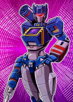 1girl assault_visor breasts decepticon energy_gun genderswap hand_on_own_hip highres insignia jim_stafford laser_rifle mask medium_breasts mouth_mask red_visor robot science_fiction shoulder_cannon solo soundwave_(transformers) thighs transformers weapon