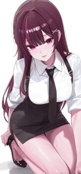 1girl absurdres bare_legs black_necktie black_shoes black_skirt braid breasts collared_shirt commentary_request fang hair_ornament high_heels highres jururu korean_commentary large_breasts long_hair looking_at_viewer miniskirt multicolored_hair necktie open_mouth purple_eyes purple_hair sei_(0724sei6) shirt shoes short_sleeves simple_background skirt smile solo squatting streaked_hair suspender_skirt suspenders thighs virtual_youtuber waktaverse white_background white_shirt x_hair_ornament