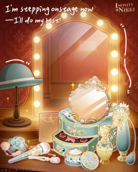 Rule 34 | aqua flower, aqua hat, aqua rose, artist request, bead necklace, beads, bottle, bowler hat, commentary, copyright name, cosmetics, dressing room, english commentary, english text, flower, hat, highres, indoors, infinity nikki, jewelry, logo, makeup brush, mirror, necklace, nikki (series), no humans, object focus, official art, perfume bottle, rose, second-party source, sparkle, unworn hat, unworn headwear, unworn jewelry, unworn necklace, white flower, white rose