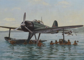 6+boys a6m2-n absurdres acrylic_paint_(medium) aircraft airplane atelier_bono floatplane harbor highres military_vehicle mountainous_horizon multiple_boys ocean original painting_(medium) partially_submerged propeller propeller_fighter seaplane sky swimming traditional_media vehicle_focus