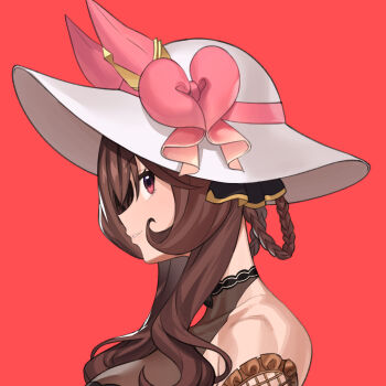 1girl absurdres brown_hair collarbone commentary_request from_side fukuro_(maruaru00) gentildonna_(umamusume) grin hair_rings hat hat_ribbon highres horse_girl long_sidelocks looking_at_viewer looking_to_the_side pink_ribbon portrait red_background ribbon sidelocks simple_background smile solo sun_hat umamusume upper_body white_hat