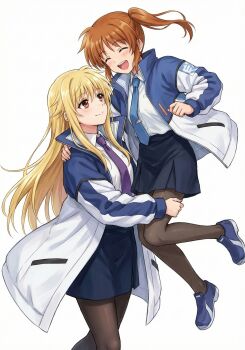 absurdres blonde_hair closed_eyes collared_shirt couple fate_testarossa happy highres looking_at_another lyrical_nanoha mahou_shoujo_lyrical_nanoha mahou_shoujo_lyrical_nanoha_exceeds:_gun_blaze_vengeance military_uniform necktie orange_hair pantyhose red_eyes reiwa_no_sherlock shirt simple_background skirt smile takamachi_nanoha white_background yuri
