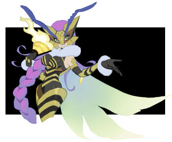 breasts cape digimon digimon_(creature) green_eyes hand_fan hexedwithluck long_hair mask purple_hair queenbeemon smile