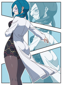 1girl black_dress black_pantyhose blue_eyes blue_hair border coat collage dress feet_out_of_frame highres kanbei_(pixiv11037490) lab_coat long_sleeves mable_(pokemon) nintendo open_clothes open_coat pantyhose pokemon pokemon_legends:_z-a puffy_long_sleeves puffy_sleeves solo white_coat