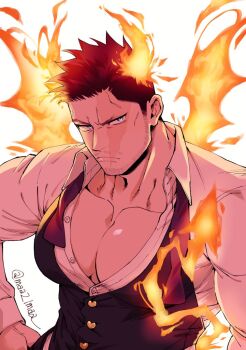 1boy bara beard_stubble black_vest blue_eyes boku_no_hero_academia buttons closed_mouth collarbone collared_shirt commentary covered_pectorals endeavor_(boku_no_hero_academia) facial_hair fiery_wings fire frown hand_on_own_hip looking_to_the_side ma_(maa21maa) male_focus open_clothes open_shirt pectoral_cleavage pectorals red_hair scar scar_across_eye scar_on_face shirt short_hair short_sideburns sideways_glance solo spiked_hair stubble symbol-only_commentary tight_clothes twitter_username upper_body vest white_background white_shirt wing_collar wings