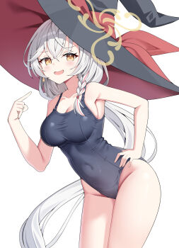 1girl absurdres bare_shoulders blue_archive blue_one-piece_swimsuit blush braid breasts cleavage collarbone commentary covered_navel eri_(blue_archive) groin halo hand_on_own_hip hand_up hat hat_ribbon highres large_breasts large_hat leaning_forward long_hair looking_at_viewer low-tied_long_hair multicolored_hair one-piece_swimsuit open_mouth pointing pointing_at_self red_ribbon red_streaks ribbon side_halo simple_background single_braid sob_(submar1089) solo standing streaked_hair swimsuit thighs two-sided_fabric two-sided_headwear very_long_hair white_background white_hair witch_hat yellow_eyes yellow_halo