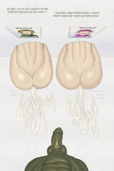 1girl 2boys after_anal after_vaginal aftersex anal bisexual_male colored_skin completely_nude cum cum_in_ass cum_in_pussy english_text erection ganondorf green_skin huge_penis huge_testicles jaydennsfw link multiple_boys muscular muscular_male nintendo nude penis princess_zelda rape sex sex_from_behind simple_background stuck testicles the_legend_of_zelda through_wall vaginal white_background yaoi