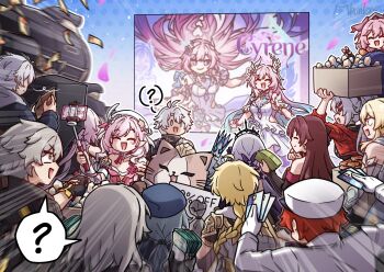 5boys 6+girls ? aether_(genshin_impact) aqua_hair artist_logo artist_name astral_express_(honkai:_star_rail) black_gloves blonde_hair blue_eyes brother_and_sister brown_hair caelus_(honkai:_star_rail) can_(honkai_impact) captain_(honkai_impact) castorice_(honkai:_star_rail) cerydra_(honkai:_star_rail) character_request commentary commentary_request company_connection cyrene_(honkai:_star_rail) cyrene_(ripples_of_past_reverie)_(honkai:_star_rail) dual_persona eden_(honkai_impact) elysia_(hi_love_elf)_(honkai_impact) elysia_(honkai_impact) english_commentary evernight_(honkai:_star_rail) genshin_impact gloves highres holding holding_money honkai:_star_rail honkai_(series) honkai_impact_3rd inoue_marina logo long_hair lumine_(genshin_impact) march_7th_(honkai:_star_rail) mhunter_45 mihoyo money multicolored_hair multiple_boys multiple_girls phainon_(honkai:_star_rail) pink_hair poster_(object) red_hair selfie selfie_stick short_hair siblings spoken_question_mark stelle_(honkai:_star_rail) trailblazer_(honkai:_star_rail) two-tone_hair very_long_hair voice_actor_connection white_hair wise_(zenless_zone_zero) yanning zenless_zone_zero