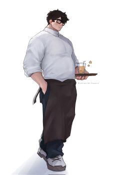 1boy apron bara belly blush glasses highres holding holding_tray huge_eyebrows huge_pectorals male_focus muscular muscular_male original shinichiii short_hair shy sideways_glance solo standing tray waist_apron waiter