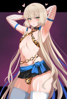 1boy animal_print armpits arms_up blonde_hair blue_ribbon bulge collar commentary_request cowboy_shot fate/grand_order fate_(series) fishnets green_eyes heart highres leopard_print long_hair looking_at_viewer male_focus noah_(fate) parted_lips ribbon sidelocks skirt solo spoken_heart standing sweat thighhighs trap very_long_hair white_thighhighs zanegoodell