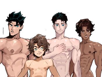 4boys absurdres artist_name bart_allen bishounen black_hair blue_eyes brown_hair commentary conner_kent dark-skinned_male dark_skin dc_comics earrings english_commentary highres jaime_reyes jewelry licking_lips male_focus multiple_boys nude out-of-frame_censoring sevaztian21 single_earring teeth tim_drake tongue tongue_out topless_male western_comics_(style) white_background young_justice