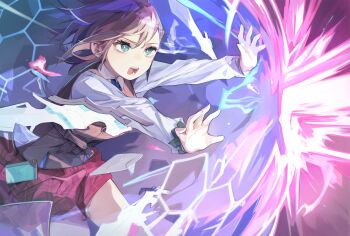1girl absurdres aoi_erika black_hair blue_eyes bracelet commentary_request energy_barrier energy_shield heaven_burns_red highres jewelry laser open_mouth school_uniform tokiwata_soul