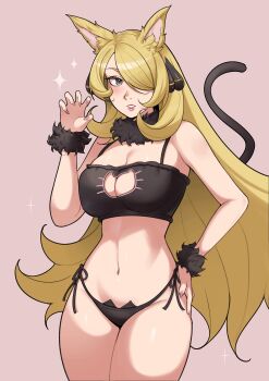 1girl absurdres animal_ears black_bra black_panties blonde_hair bra breasts cat_cutout cat_ears cat_lingerie cat_tail cleavage cleavage_cutout clothing_cutout cowboy_shot cynthia_(pokemon) deliciousbrain fur_collar fur_cuffs grey_eyes hair_ornament hand_on_own_hip hand_up highres large_breasts navel nintendo panties parted_lips pokemon pokemon_dppt simple_background solo stomach tail underwear