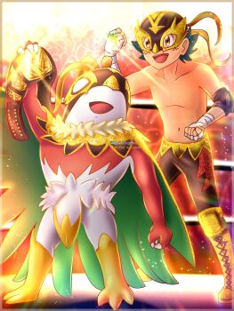 1boy arm_up ash_ketchum bird black_hair claws feathers furry gen_6_pokemon gloves hawlucha highres luchador luchador_mask mask mega_hawlucha mega_pokemon nintendo open_mouth pokemegha pokemon pokemon_(anime) pokemon_(creature) pokemon_sm_(anime) smile standing teeth wing_cape wings wrestler wrestling wrestling_boots wrestling_mask wrestling_outfit wrestling_ring