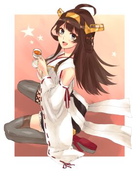 1girl ahoge breasts brown_eyes brown_hair commentary_request cup detached_sleeves grey_thighhighs hair_bun headgear highres holding holding_cup holding_saucer japanese_clothes kagaya_jirou kantai_collection kneeling kongou_(kancolle) long_hair nontraditional_miko open_mouth ribbon-trimmed_sleeves ribbon_trim saucer sitting solo thighhighs wide_sleeves