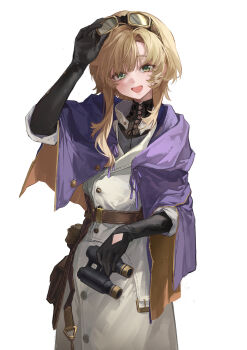 1girl :d absurdres adjusting_eyewear belt belt_pouch binoculars black_gloves brown_belt brown_hair capelet gloves goggles goggles_on_head green_eyes grey_shirt hand_on_eyewear hand_up highres holding holding_binoculars jacket kuroja looking_at_viewer medium_hair merel_(reverse:1999) open_mouth pouch purple_capelet reverse:1999 shirt skirt smile solo upper_body white_background white_jacket white_skirt