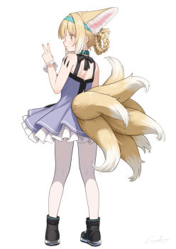 1girl absurdres animal_ears arknights blonde_hair commentary dress fox_ears fox_girl fox_tail full_body hairband highres infection_monitor_(arknights) material_growth multiple_tails oripathy_lesion_(arknights) pantyhose simple_background solo suzuran_(arknights) tail v welt_(kinsei_koutenkyoku) white_background white_pantyhose