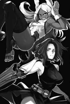 Rule 34 | 2girls, animal ears, armpits, artist name, ass, belt, boku no hero academia, breasts, gloves, grin, lady nagant, large breasts, leotard, long eyelashes, long hair, medium breasts, mirko, miss faves, monochrome, multicolored hair, multiple girls, muscular, muscular female, prosthetic weapon, rabbit ears, rabbit girl, short hair, sleeveless, sleeveless turtleneck dress, smile, superhero costume, thick thighs, thighhighs, thighs, two-tone hair, utility belt, white leotard