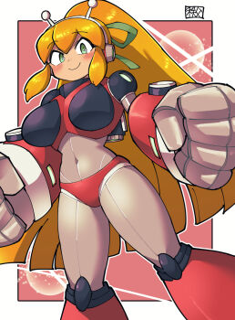 1girl ;d android antennae armor armored_boots bikini_armor blonde_hair blush boots border breasts chichibu_(watson) clenched_hands commentary_request covered_navel crotch_seam eyelashes_through_hair from_below gorget green_eyes green_ribbon hair_ribbon hairband happy headphones highres hyper_roll_(marvel_vs._capcom) jetpack joints knee_boots knee_pads large_breasts long_hair looking_at_viewer looking_down marvel_vs._capcom mechanical_arms mechanical_boots mechanical_legs mega_man_(classic) mega_man_(series) navel one_eye_closed open_mouth pink_background ponytail radio_antenna red_armor ribbon robot robot_girl robot_joints roll_(mega_man) seamed_legwear shoulder_armor sidelocks signature simple_background smile solo very_long_hair white_border