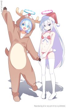 2girls absurdres animal_costume antlers arona_(blue_archive) bare_shoulders bikini blue_archive blue_eyes blue_hair blue_halo bow braid breasts choker collarbone commentary_request cosplay grey_eyes grey_hair groin hair_over_one_eye halo hat highres horns kigurumi long_hair looking_at_viewer medium_hair multiple_girls murasame_(sword_of_nmkr) navel pink_halo plana_(blue_archive) red_bikini red_pupils reindeer_antlers reindeer_costume santa_bikini santa_costume santa_hat side_braid single_braid small_breasts smile swimsuit thighs very_long_hair white_bow