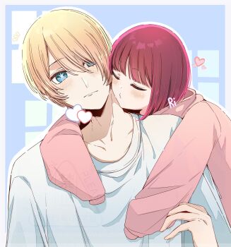 1boy 1girl arima_kana blonde_hair blue_eyes blush bob_cut closed_eyes closed_mouth hair_between_eyes heart highres hood hoodie hoshino_aquamarine oshi_no_ko red_hair red_hoodie risdelusions shirt short_hair star-shaped_pupils star_(symbol) symbol-shaped_pupils white_shirt