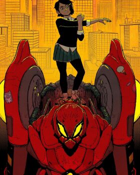 1girl black_hair black_pantyhose commentary english_commentary hair_ornament hairclip highres jake_wyatt marvel mecha pantyhose peni_parker pleated_skirt robot shirt short_hair skirt solo sp//dr spider-man_(series) spider-verse spider-verse_(comics) standing white_shirt