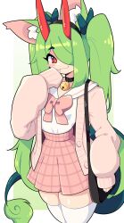 Rule 34 | 1girl, :3, absurdres, animal ear fluff, animal ears, bell, black bag, black collar, black hairband, blush stickers, border, bow, bowtie, buttons, cat ears, cat girl, closed mouth, collar, daigada, green background, green ribbon, hair over one eye, hair ribbon, hairband, hand on own chin, highres, horns, jacket, long hair, looking at viewer, neck bell, oni, open clothes, open jacket, original, pink bow, pink bowtie, pink jacket, pink skirt, plaid, plaid skirt, pleated skirt, red eyes, ribbon, sailor collar, shirt, sidelocks, skirt, solo, swept bangs, tail, thighhighs, twintails, very long hair, white border, white sailor collar, white shirt, white thighhighs
