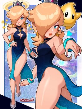 1girl absurdres ass black_choker black_dress blonde_hair blue_dress blue_eyes bracelet breasts brooch choker cleavage cleavage_cutout clothing_cutout crown dress gluteal_fold gradient_clothes gradient_dress hair_over_one_eye halo hand_on_own_hip highres jewelry lips long_bangs long_hair luma_(mario) mario_(series) medium_breasts multiple_views nintendo parted_lips pelvic_curtain purple_nails rosalina sarukaiwolf side_slit star_brooch super_mario_galaxy thighs