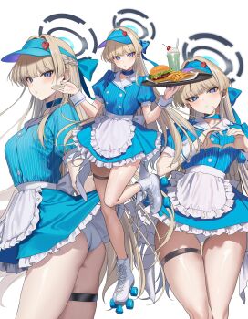 1girl apron blonde_hair blue_archive blue_bow blue_dress blue_eyes blue_hair blue_halo blue_hat blush bow braid breasts burger choker collarbone dress food french_fries frilled_skirt frills full_body hair_bow half_up_braid halo hat heart heart_hands hidis0086 highres holding holding_tray ice_cream long_hair looking_at_viewer maid_apron medium_breasts multicolored_hair panties pantyshot parted_lips puffy_short_sleeves puffy_sleeves roller_skates short_sleeves skates skirt solo streaked_hair thigh_strap toki_(blue_archive) tray underwear very_long_hair visor_cap white_background white_panties wrist_cuffs