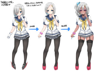 1girl arrow_(symbol) bimbofication black_choker black_pantyhose black_thighhighs blue_bow blue_eyes blue_sailor_collar blush bow bracelet choker collarbone dark-skinned_female dark_skin eyeshadow frown garter_straps gloves gluteal_fold grey_footwear grey_hair grey_skirt gyaru gyaru_makeup hair_bow hair_over_one_eye hamakaze_(kancolle) high_heels jewelry kantai_collection kuroko_(user_jtty5588) looking_at_viewer makeup medium_hair neckerchief panties pantyhose parted_hair parted_lips pink_eyes purple_eyeshadow red_footwear sailor_collar scrunchie sequential shirt side_ponytail simple_background skirt smile thighhighs translation_request underwear v-shaped_eyebrows white_background white_gloves white_lips white_panties white_shirt wrist_scrunchie yellow_neckerchief