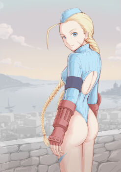 1girl absurdres ass back_cutout blonde_hair blue_eyes braid braided_ponytail cammy_white camouflage capcom cityscape closed_mouth clothing_cutout facial_scar garrison_cap gloves hat highleg highleg_leotard highres leotard long_hair long_sleeves looking_at_viewer looking_over_shoulder red_gloves scar scar_on_cheek scar_on_face shadaloo_dolls smile solo street_fighter street_fighter_zero_(series) street_fighter_zero_3 twin_braids tyanoki