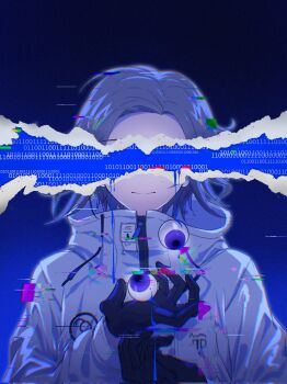 Rule 34 | 1boy, aotsuki eito, binary, black gloves, blood, blood on gloves, blue background, blue blood, blue screen of death, box galaxy, commentary, corrupted twitter file, covered eyes, eyeball, facing viewer, film grain, floating, floating object, glitch, gloves, gradient background, grey hair, highres, holding, holding eyeball, jacket, male focus, purple eyes, revealing layer, short hair, solo, spoilers, symbol-only commentary, the hundred line -last defense academy-, upper body, white jacket
