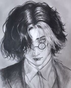 1boy absurd_art0 adventure_time aegyo_sal black_eyes black_hair curtained_hair glasses hair_over_one_eye highres looking_at_viewer male_focus short_hair simon_petrikov single_hair_streak solo traditional_media white_streaks