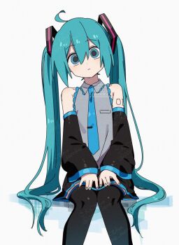 Rule 34 | 1girl, ahoge, black skirt, black sleeves, black thighhighs, blue eyes, blue necktie, closed mouth, collared shirt, commentary request, corn kuten, detached sleeves, dot nose, double-parted bangs, feet out of frame, green hair, grey shirt, hair between eyes, hatsune miku, long hair, long sleeves, looking at viewer, miniskirt, necktie, number tattoo, pleated skirt, shirt, shoulder tattoo, simple background, sitting, skirt, sleeveless, sleeveless shirt, solo, tattoo, thighhighs, twintails, very long hair, vocaloid, watermark, white background, wide sleeves