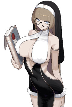 bare_shoulders black_veil blonde_hair blue_eyes book breasts center_opening cleavage commentary_request covered_navel cross glasses highres holding holding_book nun nun_headdress original pwd thighs veil