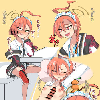 1boy 1girl :d ahoge anger_vein blue_archive blush braid bunsan censored cum cum_on_body earrings facial fang flat_chest floral_print food fruit halo hetero jacket jewelry maid_headdress mole mole_under_eye neru_(blue_archive) nipples one_eye_closed open_mouth orange_(fruit) orange_hair penis red_eyes sitting smile teeth translation_request