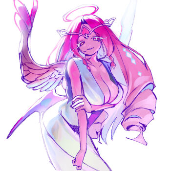 Rule 34 | 1girl, angel, angel wings, breasts, cleavage, colored skin, cookie run, cookie run: kingdom, demon girl, dress, eternal sugar cookie, gem, halo, highres, humanization, large breasts, long hair, looking at viewer, monica620, pink eyes, pink gem, pink hair, pink skin, smile, solo, very long hair, white dress, white eyeshadow, wings