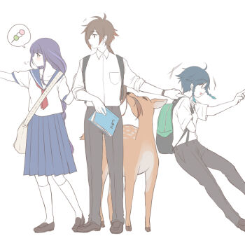 1girl 2boys ahoge alternate_costume antenna_hair backpack bag blunt_bangs book braid brown_eyes brown_hair collarbone collared_shirt commentary deer eating_hair from_side full_body genshin_impact green_eyes green_hair hair_between_eyes hand_on_another's_stomach handbag holding holding_book light_blush long_braid long_sleeves looking_to_the_side maroneeeeesan multicolored_hair multiple_boys nervous notice_lines open_mouth pants pulling purple_eyes purple_hair raiden_shogun school_uniform shirt short_sleeves single_braid skirt spoken_food streaked_hair venti_(genshin_impact) white_background zhongli_(genshin_impact)