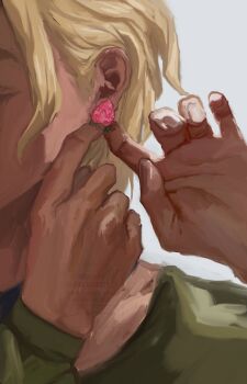 1boy adjusting_earrings blonde_hair close-up commentary earrings english_commentary food-themed_earrings food_themed_earrings highres jewelry jojo_no_kimyou_na_bouken long_sleeves male_focus pannacotta_fugo sara_(srsrmrmr) short_hair strawberry_earrings vento_aureo