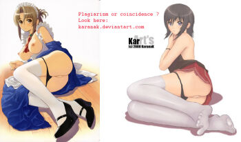 1girl black_panties blush breasts cleft_of_venus comparison derivative_work feet folded_ponytail hayate_no_gotoku! high_heels karanak legs long_legs lying maid maria_(hayate_no_gotoku!) mary_janes medium_breasts nipples non-web_source on_side panties panty_pull parody pussy reference_work shoes thighhighs thighs tony_taka uncensored underwear white_thighhighs